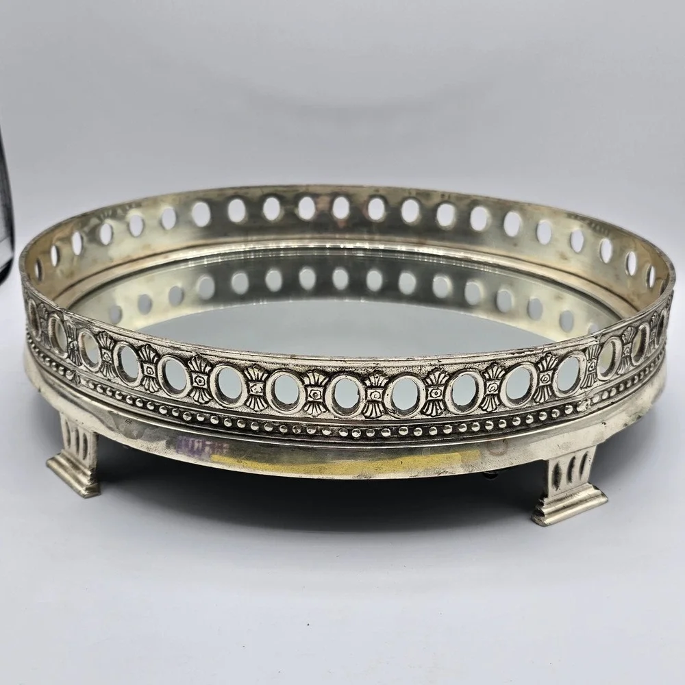 Vintage Victorian  Silverplated Mirrored Tray Ornate Heavy 12‎ 